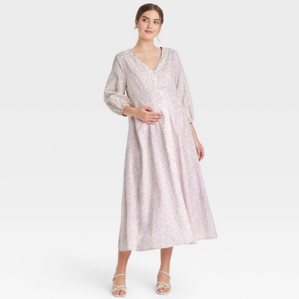 The Nines By Hatch™ Floral Print 3/4 Sleeve Button-front Poplin Maternity